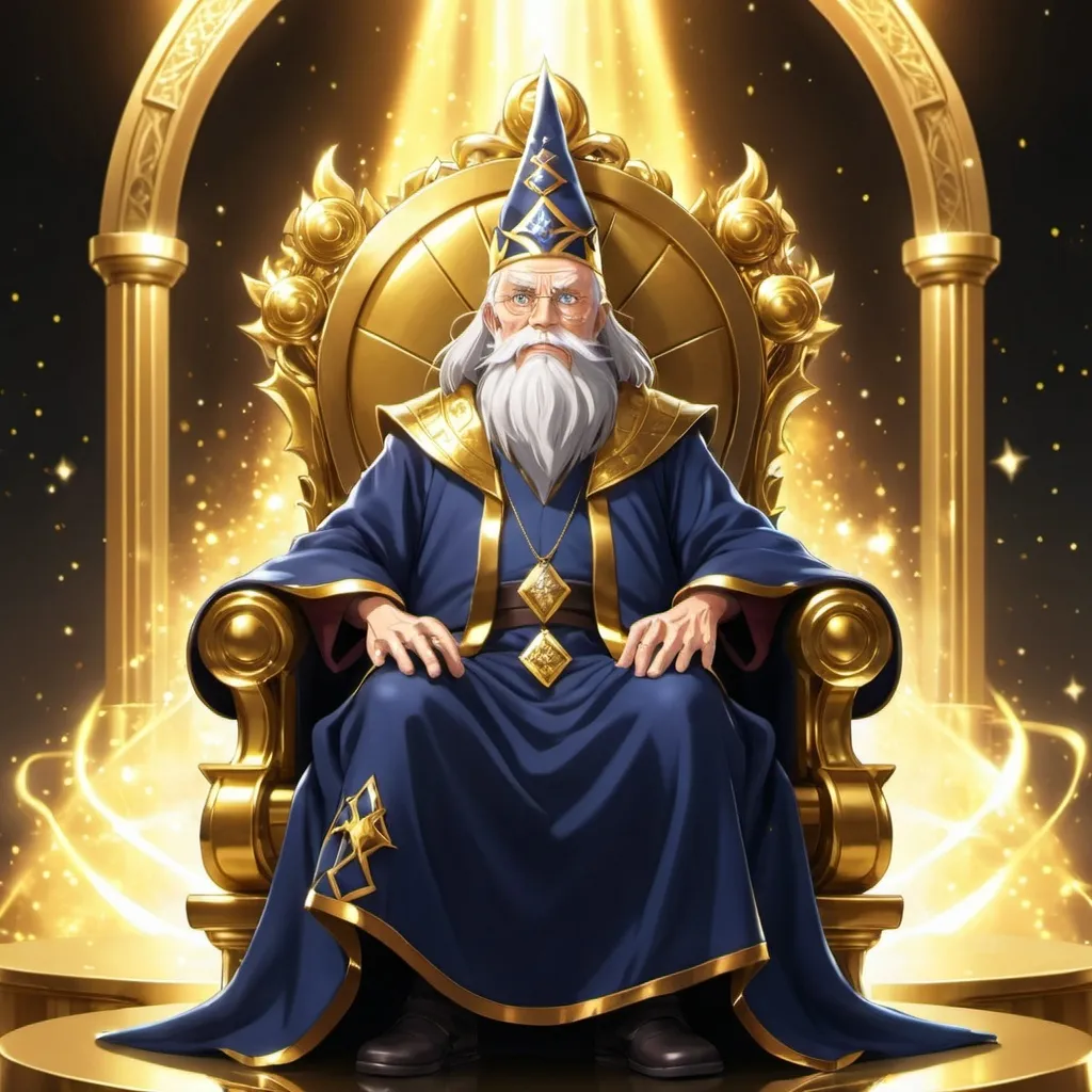 Prompt: Anime illustration of a wise old wizard sitting on a shiny gold throne.