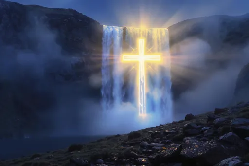 Prompt: āWaterfall from glowing cross on hill, misty, realistic, spiritual, blue and gold, widescreen.ā