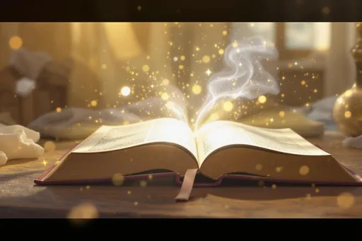Prompt: Purpose: Show divine testimony.
OpenArt Prompt: “An open Bible on a wooden table in a sunlit room, glowing light rays from pages, soft particles, realistic 3D render, spiritual mood, gold and white colors, 16:9 aspect ratio --no text, no letters, no words, no signs, no banners, no engravings, no writing, no visible book text.”
Negative Prompt: “text, letters, words, signs, banners, writing, engravings, labels, blurry, low quality, visible book text.”
Colors: Gold (#D4A017), white (#FFFFFF), brown (#8B4513).
Design Tips:
Add Verse 2 lyrics.
Use “Fade” text animation.
Transition: Particle dissolve.
Text-Free Tip: “No visible book text” ensures blank pages.