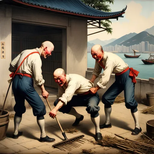 Prompt: four british sailors
drunk
Beating up a Hong Kong male farmer
The male farmer is bald
Handheld hoe and rake
in the 19th century
Location: Tsim Sha Tsui, Kowloon, Hong Kong
Hong Kong male farmer dies
Chinese painting style