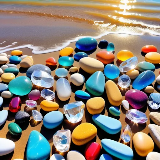 Prompt: Crystal stone colourfull beach, real look, high definition picture, sunlight lay down in the stones, shine like a gems stone