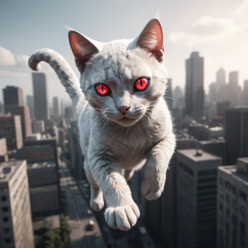 Prompt: cat with one red eye, flying over a city, full-body, cinematic render