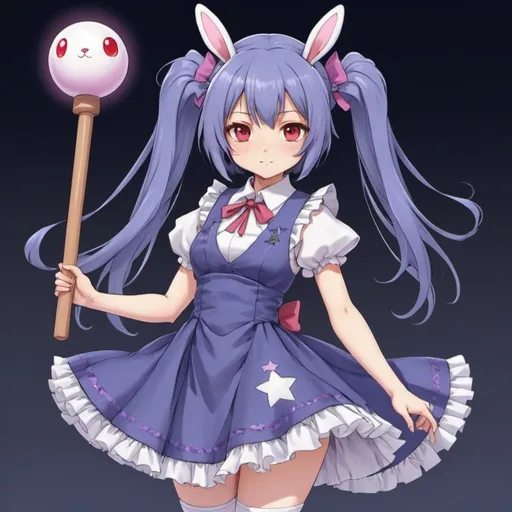 Prompt: Seiran has dark blue hair, tied in two bushy ponytails, with ears similar to Reisen Udongein Inaba's on the top of her head and an accessory in one of them, she has red eyes, a common trait in Moon Rabbits. Her dress is periwinkle with frills and an alternating star and crescent moon pattern across the bottom. The bloomers under her skirt seem to be made of see-through fabric. She also carries a purple stained wooden mallet (presumably used for making Mochi). Although it's not visible in her portraits, she also has a tail,[4] which is visible in her Unfinished Dream of All Living Ghost player sprites, where it is pink colored.