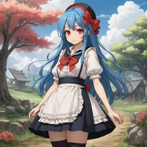 Prompt: Tenshi has dark red eyes and long blue hair. She wears a white button-up blouse with a red bow at the collar; a blue dress with a light blue bow on the back and brown lace-up boots similar to those of Alice Margatroid's. The apron she carries on her dress has a rainbow-patterned shard link around it, and she wears a black hat decorated with two peaches and leaves. Supposedly, Tenshi should have a cloud pattern on her skirt, similar to the one on Utsuho's, Miko's and Sumireko's capes, but due to lack of time it wasn't implemented. In Antinomy of Common Flowers, her skirt now features the cloud pattern. She also appears to be very short in height in this game (Which is pointed out by Mamizou Futatsuiwa)