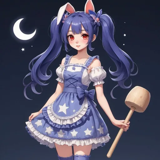 Prompt: A Girl with dark blue hair, tied in two bushy ponytails, with rabbit ears on the top of her head and an accessory in one of them, she has red eyes. Her dress is periwinkle with frills and an alternating star and crescent moon pattern across the bottom. The bloomers under her skirt seem to be made of see-through fabric. She also carries a purple stained wooden mallet (presumably used for making Mochi). She also has a rabbit tail.