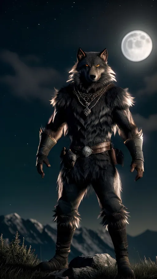 Prompt: Masculine werewolf standing on a towering hill, full moon in the background, glowing eyes, night setting, intense gaze, detailed fur with moonlight highlights, best quality, highres, dark and moody, detailed eyes, atmospheric lighting