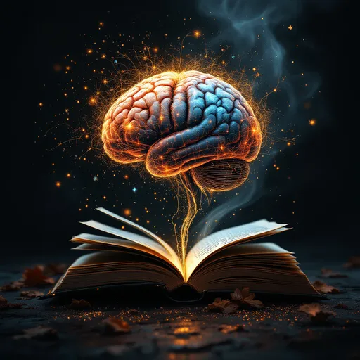 Prompt: Crea una imagen para una foto de perfil que venda ebooks. En la cual vas a incluir un libro, un cerebro y demas toques llamativo y un toque oscuro