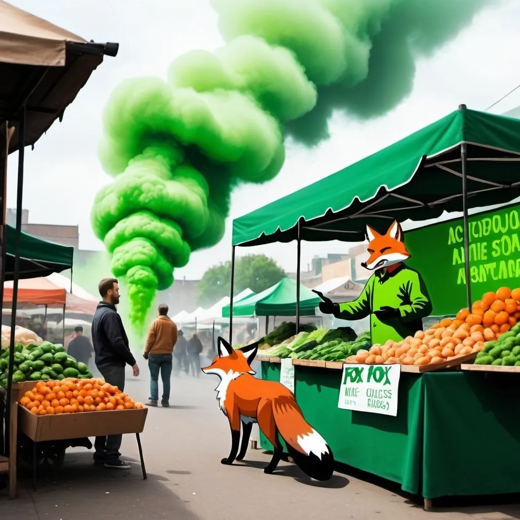 Prompt: An outdoor market stand and its clueless vendor being completely enveloped by a green toxic stink cloud emanating from a sneaky foxs posterior while the fox tries to remain hidden