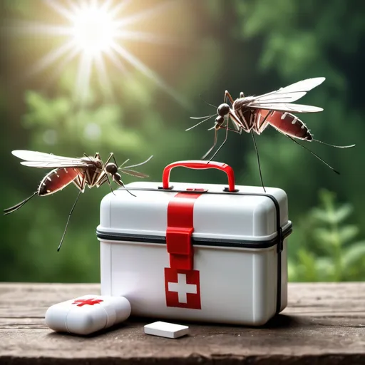 Prompt: mosquitoes flying with first aid kit