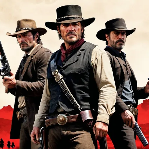 Prompt: movie poster for Red Dead Redemption with Norman Reedus as John Marston, Jeffrey Dean Morgan as Dutch Van Der Linde, and Willem Dafoe as Hosea Mathews 