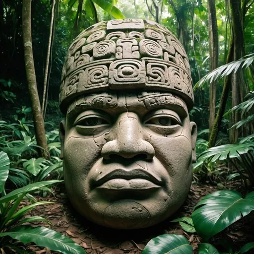 Prompt: olmec stone head, with pacific islander face in the ground sorrounded by jungle.