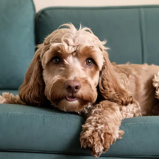 Prompt: Cockapoo lying on couch 