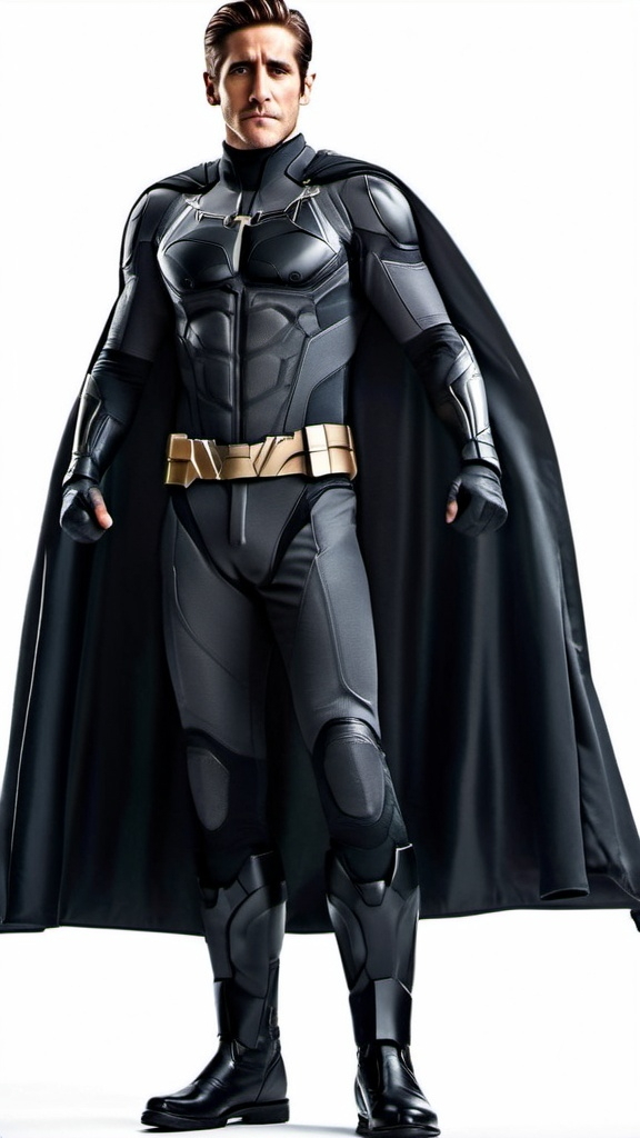 Prompt: (Photorealistic, waist-up image actor Jake Gyllenhaal as Bruce Wayne wearing the batsuit with no mask/cowl on), (not wearing Batman mask), Batman has no mask on, nothing covering face, full face showing, looking directly at camera, standing in a battle-ready stance with feet spread shoulders back and hands in fists at his sides, (wearing dark sleek tactical heavily armored batsuit with no helmet), he has nothing on his head, no headwear, standing in front of an all very light almost white gray background that is brightly lit, high depth cinematic masterpiece, dramatic color tones, HD, ultra-detailed, brightly lit, professional lighting, realistic facial expression, soft lighting, clear lighting, sharp eye focus, studio photography, award-winning photo, smooth textures, low shadows and highlights, pristine and clean environment.