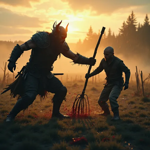 Prompt: "A brutal dark fantasy scene — a fierce Viking warrior in bloodstained blackened armor, mid-swing as he strikes down a helpless farmer in a muddy, windswept field. The Viking’s face is shadowed under a horned helmet, eyes glowing faintly red. The farmer, unarmed and terrified, stumbles backward, gripping a broken rake. Blood splashes across the scene, illuminated by harsh, low golden sunset light. Dramatic, cinematic lighting with cold tones and strong contrast. Rain-soaked landscape with ruined wooden fences, distant smoke, and a looming forest background. High detail, 4K resolution, cinematic, moody atmosphere — in the style of The Witcher, Game of Thrones, and dark Norse mythology."
