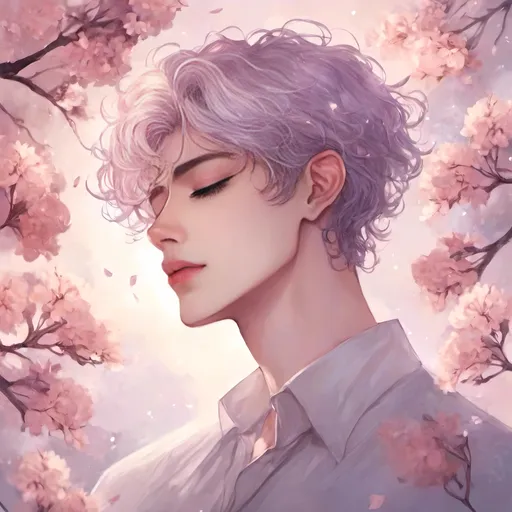 Prompt: <mymodel>Anime-style illustration of a serene man with his eyes closed, soft pastel color palette, dreamy and whimsical atmosphere, detailed petals with soft reflections, peaceful and calming expression, high-detailed, anime, pastel colors, dreamy, serene, tranquil, soft lighting
