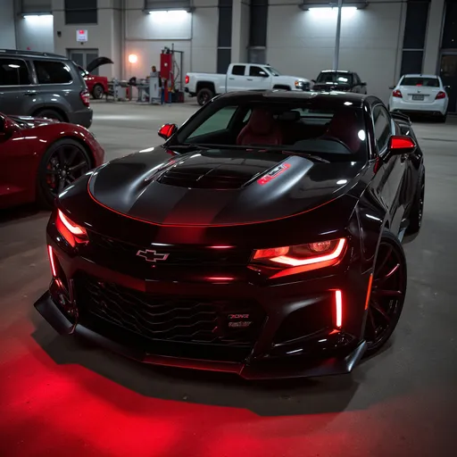 Prompt: Chevrolet camaro zl1, black base, red trim, red underglow,