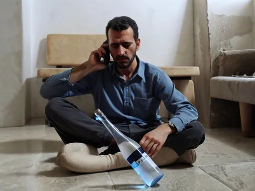 Prompt: a man sitting on the floor holding a cell phone in his hand and a bottle of water in his other hand, Bouchta El Hayani, plasticien, vfx, a marble sculpture