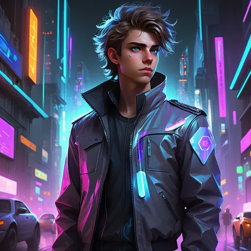 Prompt: David is a young, determined protagonist with a rebellious spirit. He has a lean build, sharp features, and vibrant, tech-enhanced eyes. His hair is messy, often reflecting neon city lights. David wears a sleek, futuristic jacket with holographic displays and utility pockets. He moves with agility and confidence, always ready to face the challenges of a dystopian world.