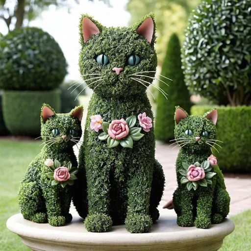 Prompt: Fancy Topiary cat with flowers and 2 topiary kittens realistic