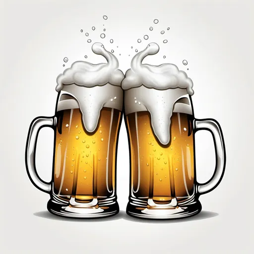 Prompt: An illustration of two beer mugs clinking together. The mugs should have a simple, realistic design, with frothy beer spilling slightly over the top. The image should be in black and white with high contrast, with a pure white background. The style should be minimalistic and clean, focusing solely on the mugs and the action of them clinking together, without any cartoonish or emoji elements.