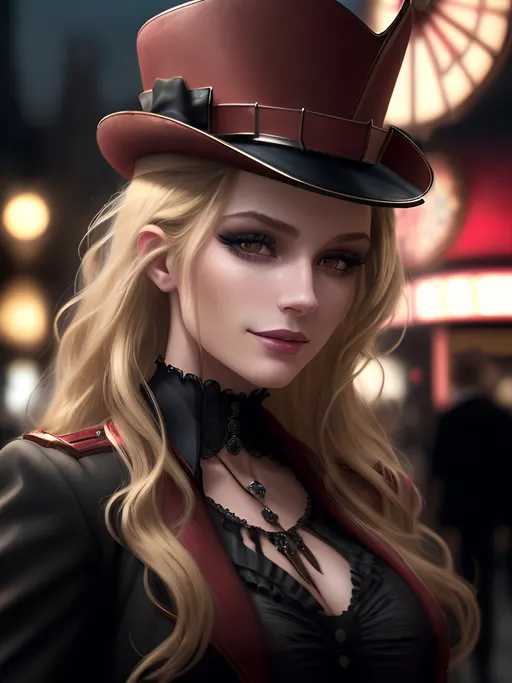 Prompt: full shot, (((masterpiece))), (hyperrealism:1.5), High Detail RAW color Photo, Stunning young french girl, beautiful girl, model girl, (outside moulin rouge), night, red steampunk ringmaster tailcoat, pilot hat, grin, smokey eye shadow, high detail skin, high detail eyes, smokey makeup, wild blonde hair, Wavy Cut with Curtain Bangs, high detail hair, long wavy hair, detailed clothing, intricate clothing, beautiful Super Detailed, Best Quality, Professional Lighting, Cinematic Lighting, beautiful dramatic lighting, shallow depth of field, physics-based rendering, 8k, Bokeh