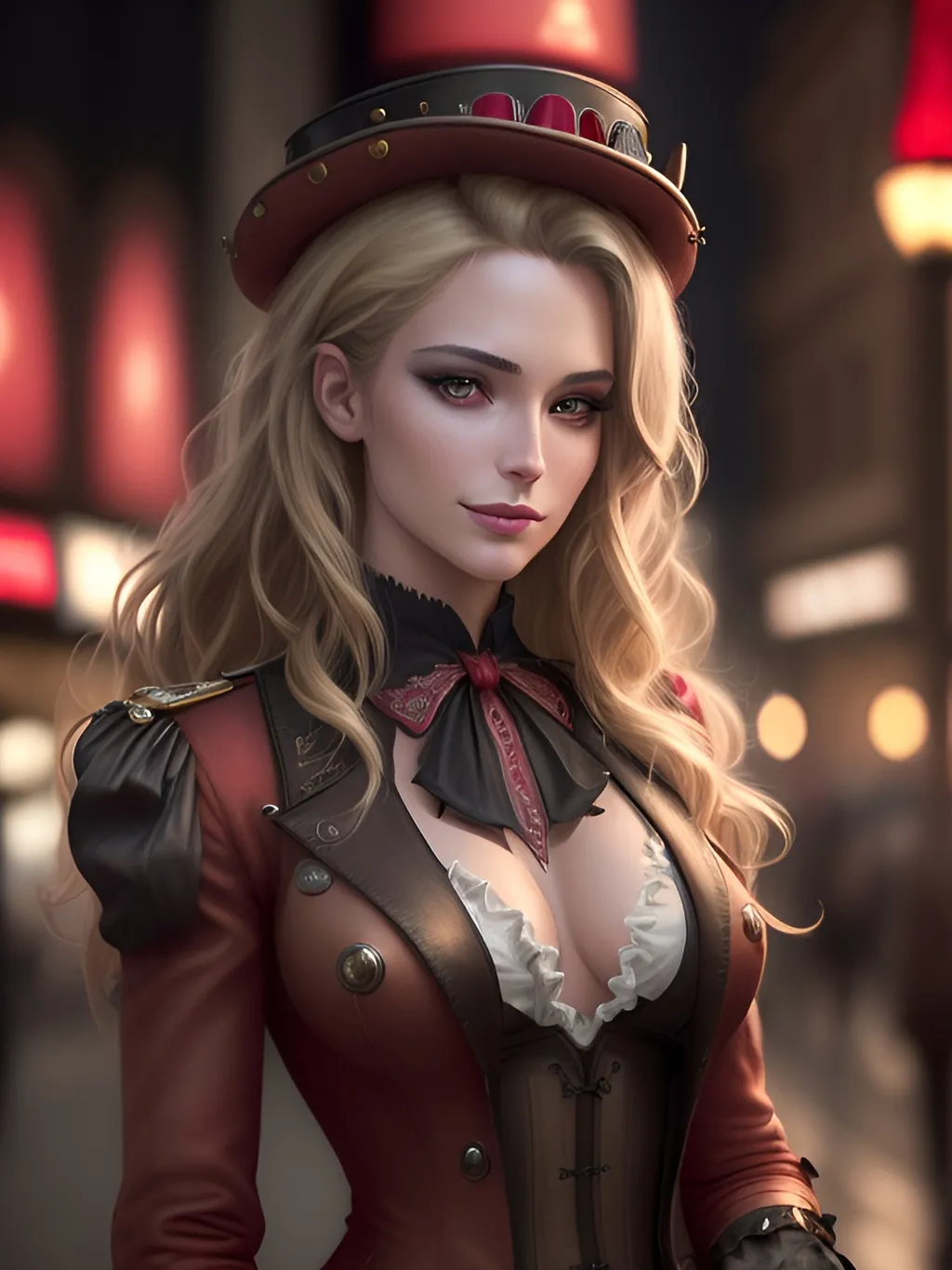 Prompt: full shot, (((masterpiece))), (hyperrealism:1.5), High Detail RAW color Photo, Stunning young french girl, beautiful girl, model girl, (outside moulin rouge), night, red steampunk ringmaster tailcoat, pilot hat, grin, smokey eye shadow, high detail skin, high detail eyes, smokey makeup, wild blonde hair, Wavy Cut with Curtain Bangs, high detail hair, long wavy hair, detailed clothing, intricate clothing, beautiful Super Detailed, Best Quality, Professional Lighting, Cinematic Lighting, beautiful dramatic lighting, shallow depth of field, physics-based rendering, 8k, Bokeh