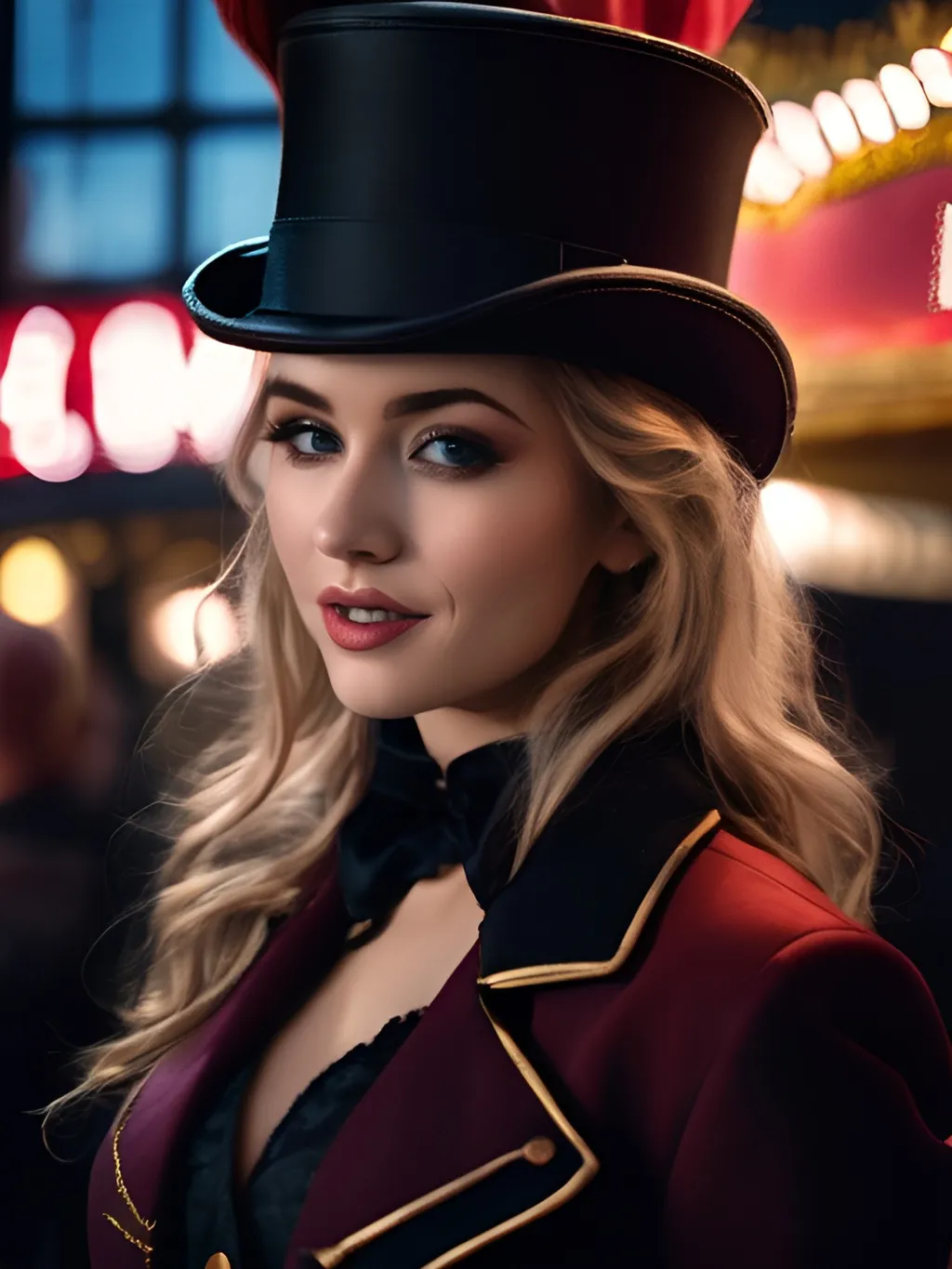 Prompt: full shot, (((masterpiece))), (hyperrealism:1.5), High Detail RAW color Photo, Stunning young french girl, beautiful girl, model girl, (outside moulin rouge), night, red steampunk ringmaster tailcoat, pilot hat, grin, smokey eye shadow, high detail skin, high detail eyes, smokey makeup, wild blonde hair, Wavy Cut with Curtain Bangs, high detail hair, long wavy hair, detailed clothing, intricate clothing, beautiful Super Detailed, Best Quality, Professional Lighting, Cinematic Lighting, beautiful dramatic lighting, shallow depth of field, physics-based rendering, 8k, Bokeh