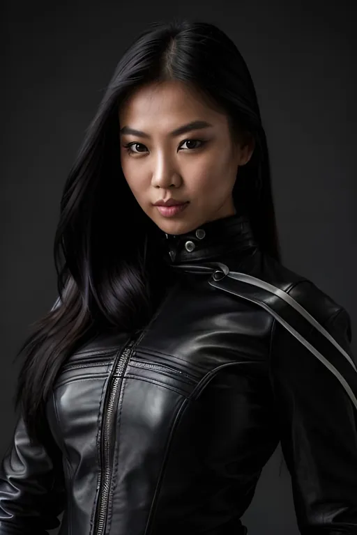 Prompt: professional photography of a full-body asian woman in black leather, happy, confident pose, asiancore, curvy figure emphasized, long ponytail hair, heavy eye makeup, shiny eyes, vivid colors, quadratura, hdr, uhd, masterpiece, best quality, professional lighting, cinematic lighting, dramatic lighting, shallow depth of field, physics-based rendering, 8k, bokeh, vibrant hues, detailed skin textures