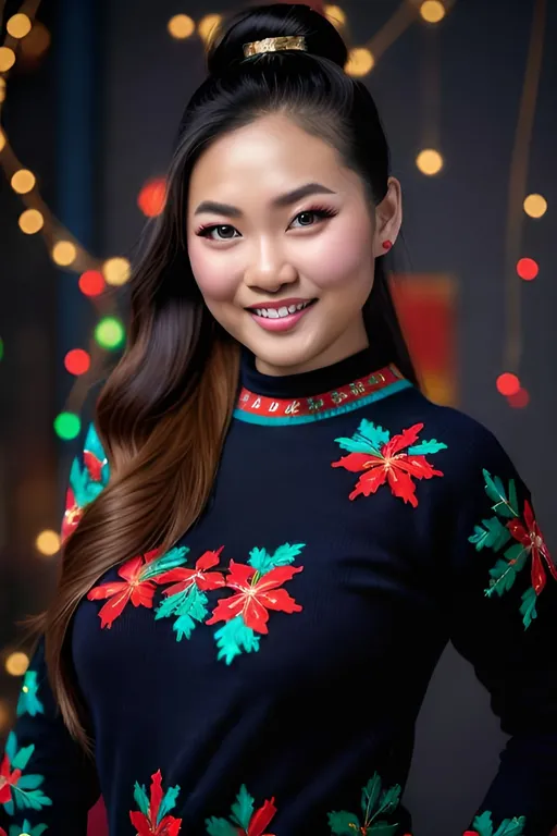 Prompt: professional photography of a full-body indonesian woman in red festive jumper, happy, confident pose, festivecore, curvy figure emphasized, long ponytail hair, heavy eye makeup, shiny eyes, vivid colors, quadratura, hdr, uhd, masterpiece, best quality, professional lighting, festive lighting, dramatic lighting, shallow depth of field, festive background, physics-based rendering, 8k, bokeh, vibrant hues, detailed skin textures