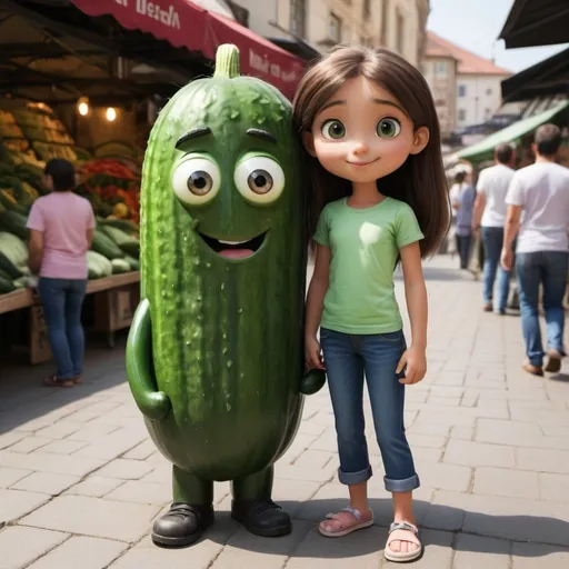 Prompt: Armina: cartoon style:
A cute girl about 6 years old with large eyes and straight hair that is usually loose and dark brown. Her eyes are also dark brown. She usually wears jeans and short-sleeved tops. She has fair skin with a slight tan. She is kind and lovely.

cucumber man: cartoon style a person looking like a cucumber, neither dark nor light green. Charming. Slightly taller than Armina. Male.

One day, Armina and the cucumber man were wandering around the city in the market. 