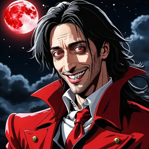 Prompt: Adrien Brody as Alucard from hellsing anime wearing red outfit and white gloves, smiling with vampire fangs, red full moon in night sky, high contrast, detailed face, 2D, anime style