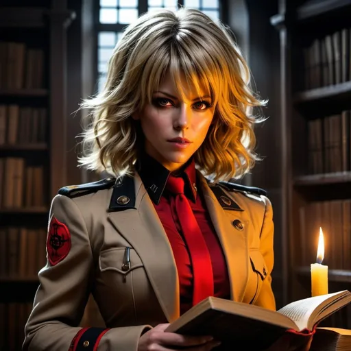 Prompt: Kate Beckinsale as Seras Victoria from Hellsing anime, with blonde hair, neon red eyes, tan uniform, large chest, reading book by candlelight, dark castle interior with dusty wooden bookcase, air particles, high contrast, detailed face, realistic