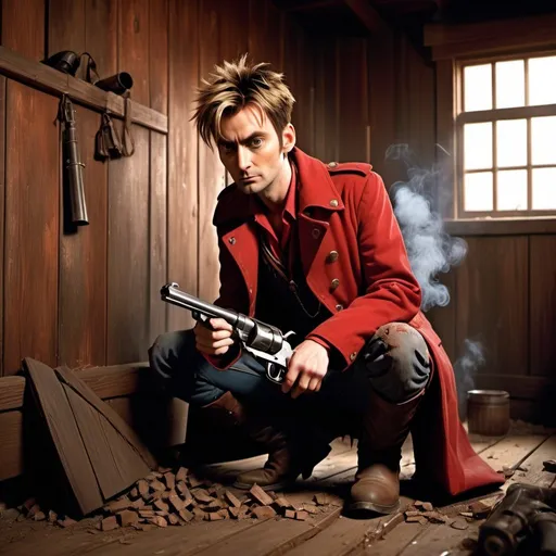 Prompt: Young adult David Tennant as Vash the Stampede from Trigun, is crouched against the wall of an old cowboy saloon with a smoking six-cylinder revolver, interior of rustic western room is covered in wooden splinters and debris and bullet shells, dust particles, high contrast, realistic, end of day lighting