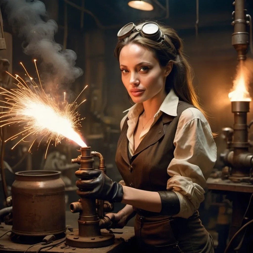 Prompt: Young Angelina Jolie is wearing steampunk clothing steam and welding rustic pipes, end of day lighting, sparks flying from welding torch