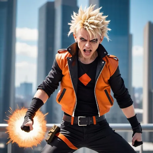 Prompt: Young billy idol as katsuki bakugo from My hero academia, wearing orange and black outfit in fighting pose,throwing grenades, skyscraper roof, windy, daylight, high contrast, glass skyline, lens flair,  dynamic, angry expression 