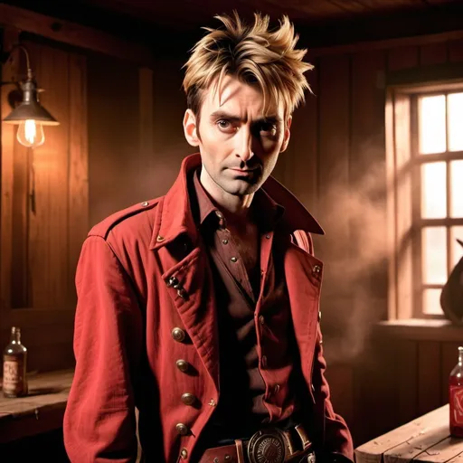 Prompt: Young adult David Tennant as Vash the Stampede from Trigun, is happy in an old cowboy saloon, rustic western interior, dust particles, high contrast, realistic, end of day lighting