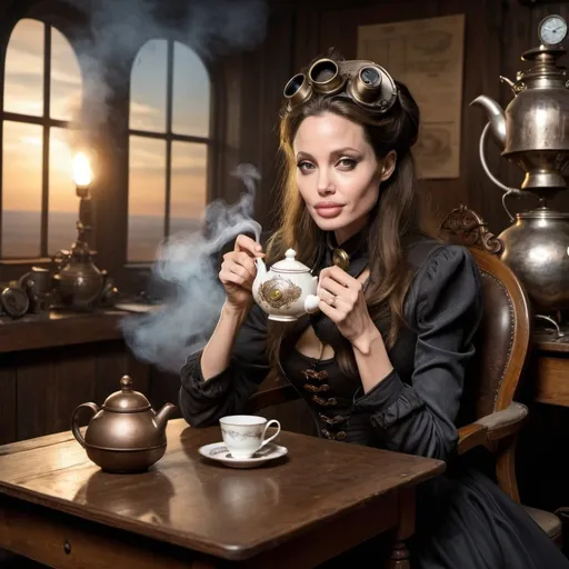 Prompt: Young Angelina Jolie is wearing steampunk clothing steam and sitting on a chair at a wooden table sipping tea, 1 teapot on table, end of day lighting, zeppelin in sky