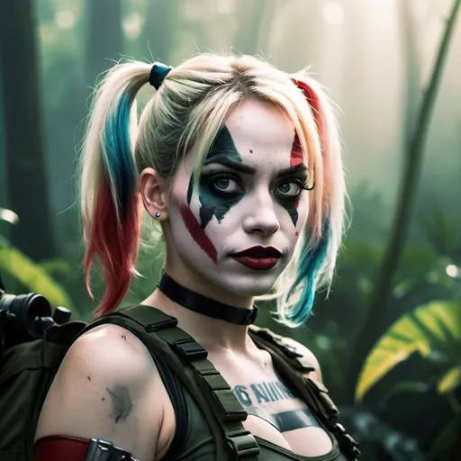 Prompt: Harley Quinn as a commando, army face paint, jungle background, fog, lens flare, high contrast
