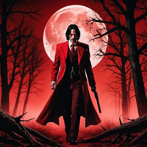 Prompt: Keanu Reeves as Alucard from hellsing anime walking through dead trees, red full moon in night sky, red fog on ground, high contrast, realistic, photo