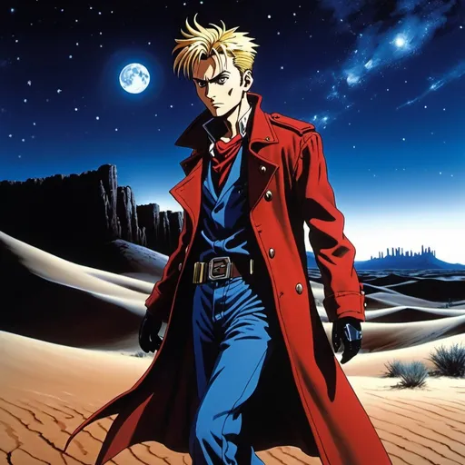 Prompt: side view, Young adult David Tennant as Vash the Stampede from Trigun, is running across a desert scape, night time, starry sky, high contrast, blue moonlight, blue ambient lighting, realistic