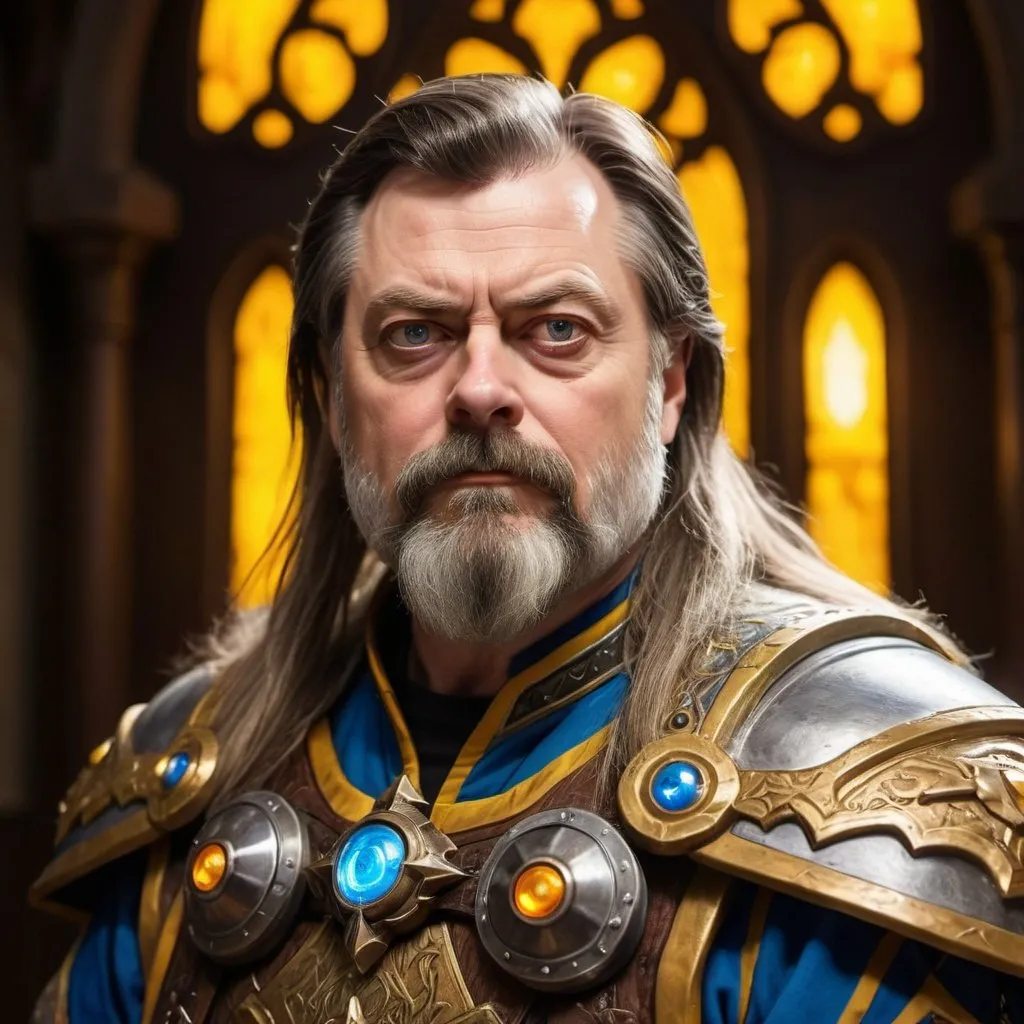 Prompt: Nick Offerman as Uther Lightbringer from World of warcraft with long hair and beard, wearing paladin arnor and war hammer, holy chapel, realistic, high contrast, detailed beard, yellow neon light