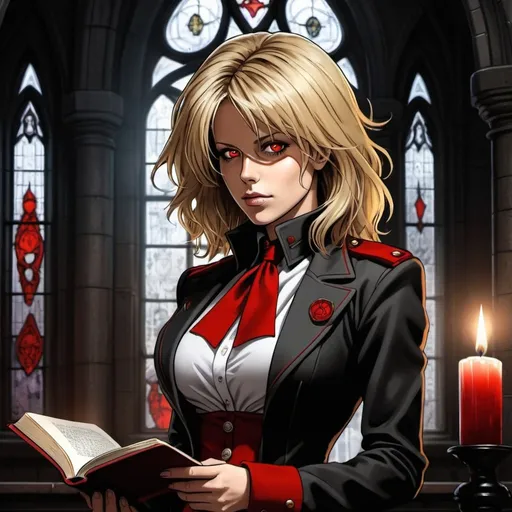 Prompt: Kate Beckinsale as Seras Victoria from Hellsing anime, with blonde hair, glowing red eyes, large chest, reading book by candlelight, dark castle interior with gothic stain glass windows, high contrast, detailed face, realistic