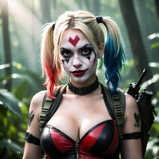 Prompt: Harley Quinn as a commando, army face paint, jungle background, massive cleavage, fog, lens flare, high contrast