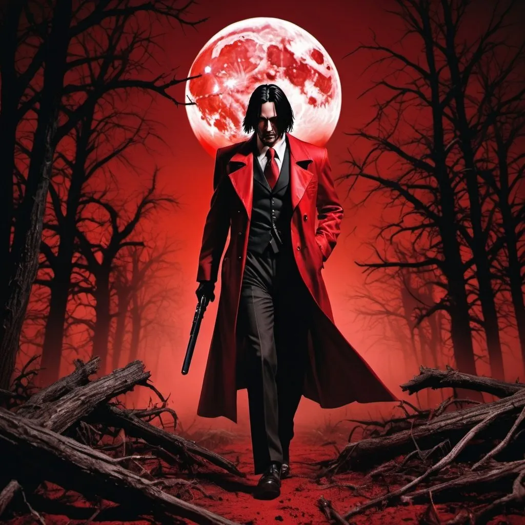 Prompt: Keanu Reeves as Alucard from hellsing anime walking through dead trees, red full moon in night sky, red fog on ground, high contrast, detailed face, realistic, photo