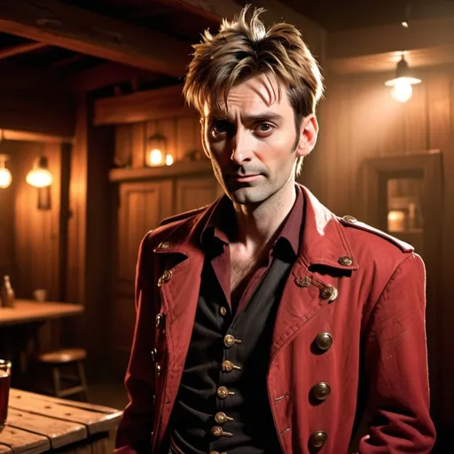Prompt: Young adult David Tennant as Vash the Stampede from Trigun, is happy in an old cowboy saloon, rustic western interior, dust particles, high contrast, realistic, end of day lighting