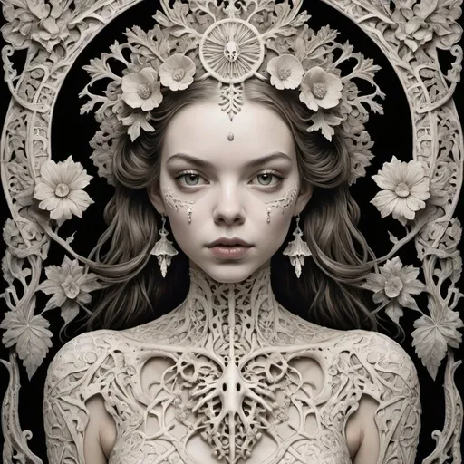Prompt: Symmetrical + ((Anya Taylor-Joy)) + middle close up + evil + lace + gothic + occult + dangerous + goddess of death + skulls + dark magical symbolism + high detail + hyperdetailed + elegant + intricate+ frightening + memento mori by arthur rackham, art forms of nature by ernst haeckel, exquisitely detailed, art nouveau, gothic, ornately carved beautiful full body of woman dominant, intricately carved antique bone, art nouveau botanicals, ornamental bone carvings, art forms of nature by ernst haeckel, horizontal symmetry, arthur rackham, ernst haeckel, symbolist, visionary