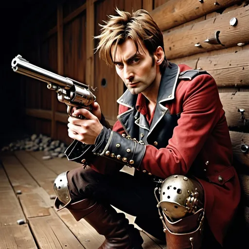 Prompt: Young adult David Tennant as Vash the Stampede from Trigun with a rustic metal steam punk arm, is crouched against a wooden rustic wall full of bullet holes, he is holding a single shiny metal six-cylinder revolver in his hand, rustic western interior with wooden splinters and debris and .45 magnum bullet casings on the floor, smokey atmosphere, high contrast, realistic, end of day lighting,