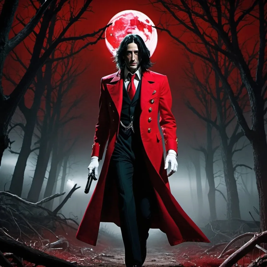 Prompt: Adrien Brody as Alucard from hellsing anime walking through dead trees wearing red outfit and white gloves, red full moon in night sky, red fog on ground, high contrast, detailed face, realistic, photo