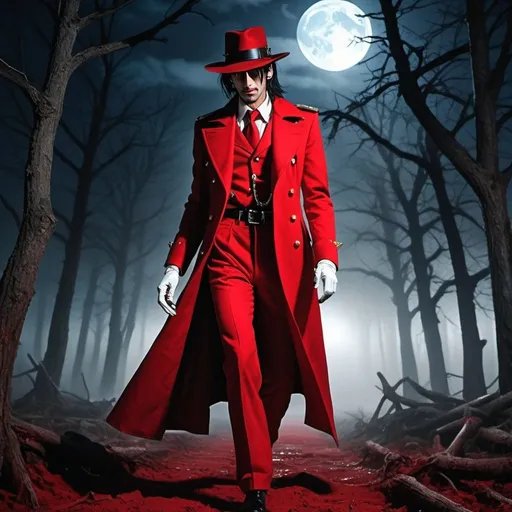 Prompt: Adrien Brody as Alucard from hellsing anime walking through dead trees wearing red outfit and white gloves, red full moon in night sky, red fog on ground, high contrast, detailed face, realistic, photo