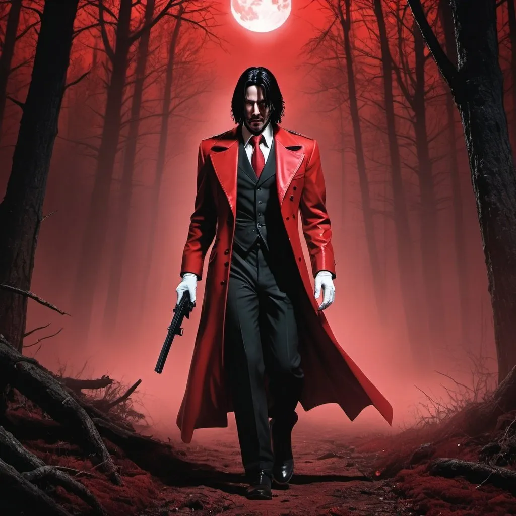 Prompt: Keanu Reeves as Alucard from hellsing anime walking through forest, wearing white gloves, red moonlight in night sky, red fog on ground, high contrast, realistic, detailed face